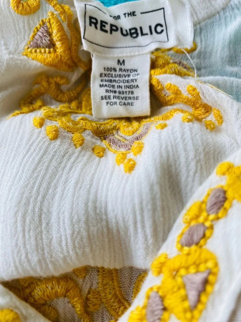 For The Republic White V-Neck Tunic with Yellow Embroidery